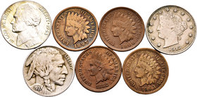 Estados Unidos. Lote de 7 monedas diferentes, 1 cent de 1882, 1897, 1903, 1906 y 5 cents de 1912, 1937, 1943. A EXAMINAR. MBC/EBC-. Est...50,00.