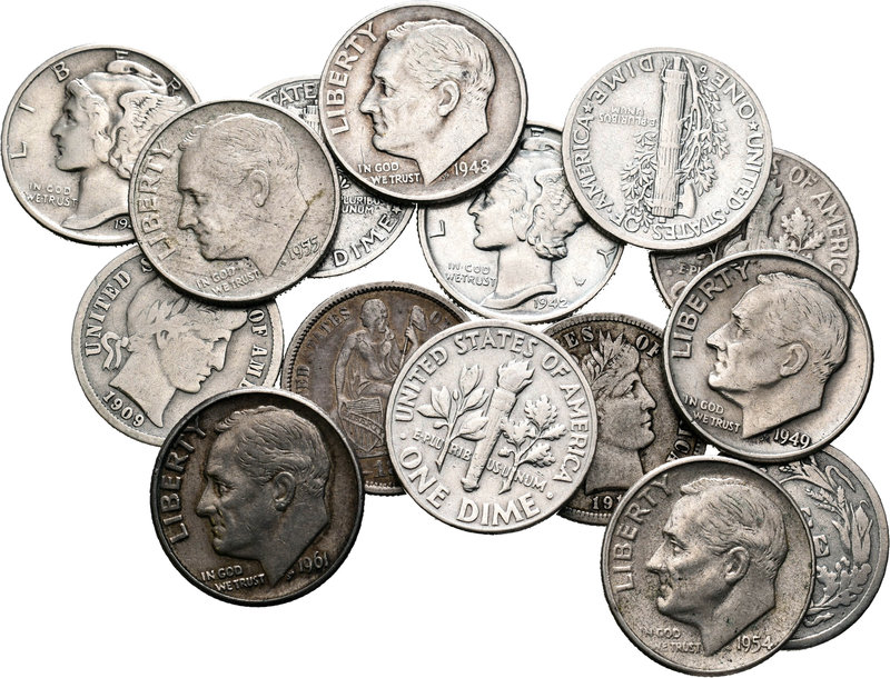 Estados Unidos. Lote de 15 piezas de 1 dime, 1873, 1909, 1912 (2),1941, 1942, 19...