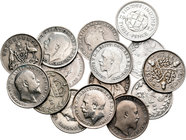 Gran Bretaña. Lote de 15 monedas de 3 pence, 1843,1874, 1890, 1896, 1899, 1902, 1910, 1912 (2), 1916, 1917, 1932, 1935, 1937 y 1941. A EXAMINAR. BC/EB...