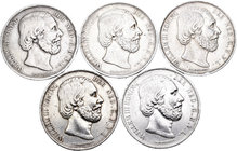 Holanda. Wilhelm II. Lote de 5 monedas de 2 1/2 gulden de 1870 a 1874. A EXAMINAR. BC+/MBC+. Est...160,00.