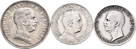 Italia. Lote de 3 piezas italianas, 5 liras 1927, 2 liras 1916 y 1 lira 1913. A EXAMINAR. MBC/EBC. Est...35,00.