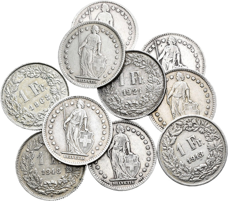 Suiza. Lote de 9 monedas de 1 franco suizo de plata, 1906, 1913, 1914, 1920, 192...