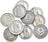 Suiza. Lote de 9 monedas de 1 franco suizo de plata, 1906, 1913, 1914, 1920, 1921, 1939, 1943, 1944, 1946 y 1963. A EXAMINAR. MBC-/MBC+. Est...50,00.