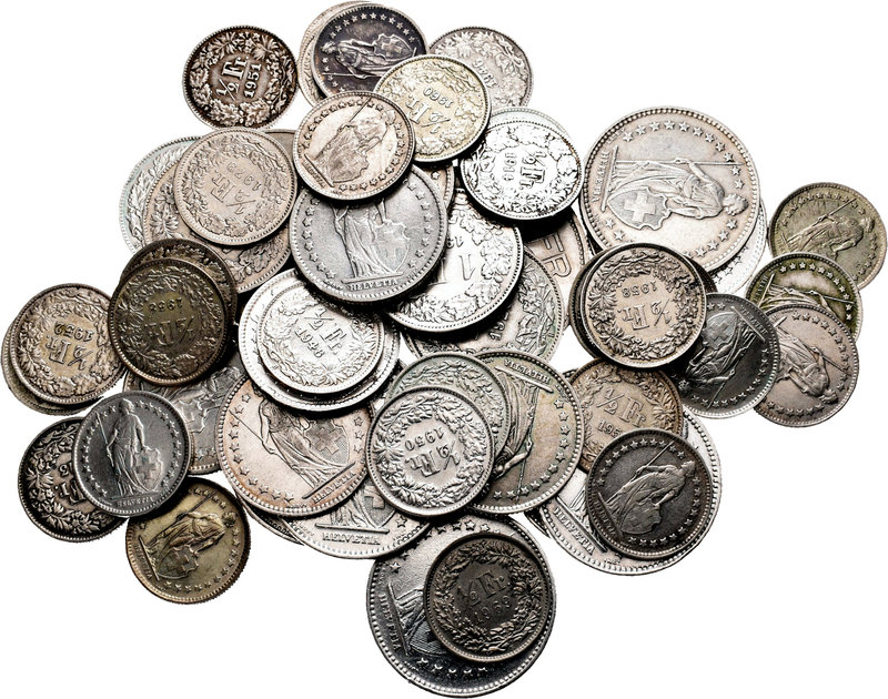 Suiza. Lote de 50 monedas de Suiza, 1/2 franco (30), 1 franco (11), 2 francos (6...