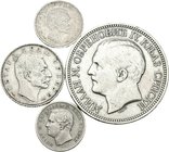 Serbia. Lote de 4 piezas de plata serbias, 50 para (1875, 1915), 1 dinar (1915) y 5 dinares (1879). A EXAMINAR. MBC-/MBC. Est...180,00.