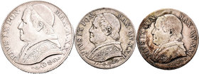 Vaticano. Lote de 3 piezas de plata de Pío IX, 2 liras 1866, 1 lira 1866 y 1 lira 1867. A EXAMINAR. BC+/MBC-. Est...50,00.