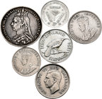 Lote de 6 piezas de plata, 1 shilling 1890 de Gran Bretaña, 6 peniques 1934 Nueva Zelanda, 2 de 3 peniques Sudáfrica (1926, 1937), 2 de 6 peniques Sud...