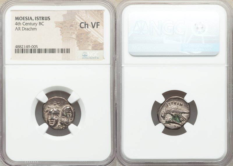 MOESIA. Istros. 4th century BC. AR drachm (17mm, 12h). NGC Choice VF. Two male h...