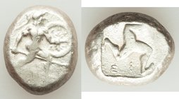 PAMPHYLIA. Aspendus. Ca. mid-5th century BC. AR stater (16mm, 10.82 gm). About VF. Helmeted nude hoplite advancing right, shield on left arm, spear fo...