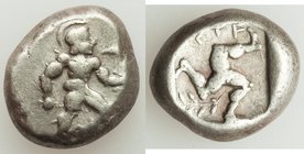 PAMPHYLIA. Aspendus. Ca. mid-5th century BC. AR stater (18mm, 10.92 gm, 2h). VF. Helmeted hoplite warrior advancing right, shield in left hand, spear ...