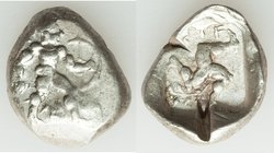 PAMPHYLIA. Aspendus. Ca. mid-5th century BC. AR stater (20mm, 10.81 gm, 11h). VF, test cut. Helmeted hoplite warrior advancing right, shield in left h...