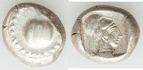 PAMPHYLIA. Side. Ca. 5th century BC. AR stater (19mm, 10.78 gm, 5h). VF. Ca. 430-400 BC. Pomegranate, guilloche beaded border / Head of Athena right, ...