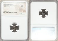 Anonymous (ca. 211-208 BC). AR sestertius (13mm, 7h). NGC VF. Rome. Head of Roma right, wearing winged and crested helmet, mark of value IIS (value=2 ...