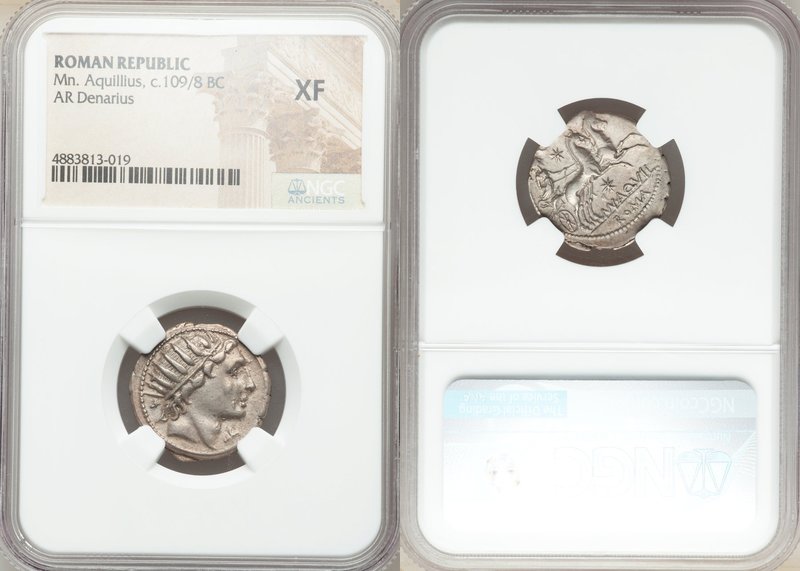 Man. Aquillius (ca. 109-108 BC). AR denarius (21mm, 5h). NGC XF. Rome. Radiate h...