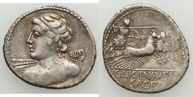 C. Licinius L.f. Macer (84 BC). AR denarius (21mm, 3.65 gm, 4h). Fine. Rome. Diademed bust of Apollo left, shoulder draped, brandishing thunderbolt, v...