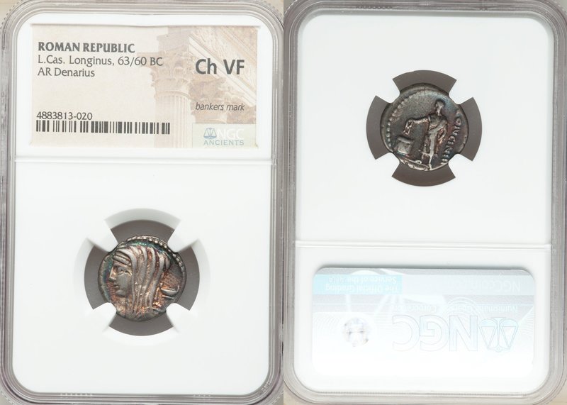 L. Cassius Longinus (ca. 60 BC). AR denarius (18mm, 7h).NGC Choice VF bankers ma...