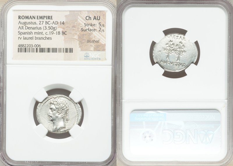 Augustus (27 BC-AD 14). AR denarius (23mm, 3.50 gm, 6h). NGC Choice AU 5/5 / 2/5...