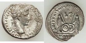 Augustus (27 BC-AD 14). AR denarius (20mm, 3.57 gm, 8h). VF, bankers punch. Lugdunum, 2 BC-AD 4. CAESAR AVGVSTVS-DIVI F PATER PATRIAE, laureate head o...