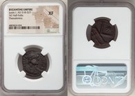 Justin I (AD 518-527). AE half follis (21mm, 5h). NGC XF. Thessalonica. ꓷN IVSTI-NVS P P AVG, diademed, draped, and cuirassed bust of Justin right / L...