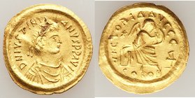 Justinian I the Great (AD 527-565). AV semissis (17mm, 2.23 gm, 6h). NGC Choice AU, crimp, graffito. Constantinople. D N IVSTINI-ANVS PP AVG, pearl-di...