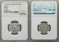Cilician Armenia. Levon I Tram ND (1198-1219) MS63 NGC, 22mm. 2.99gm. Levon seated facing on throne ornamented with lions, holding lis and cross / Two...