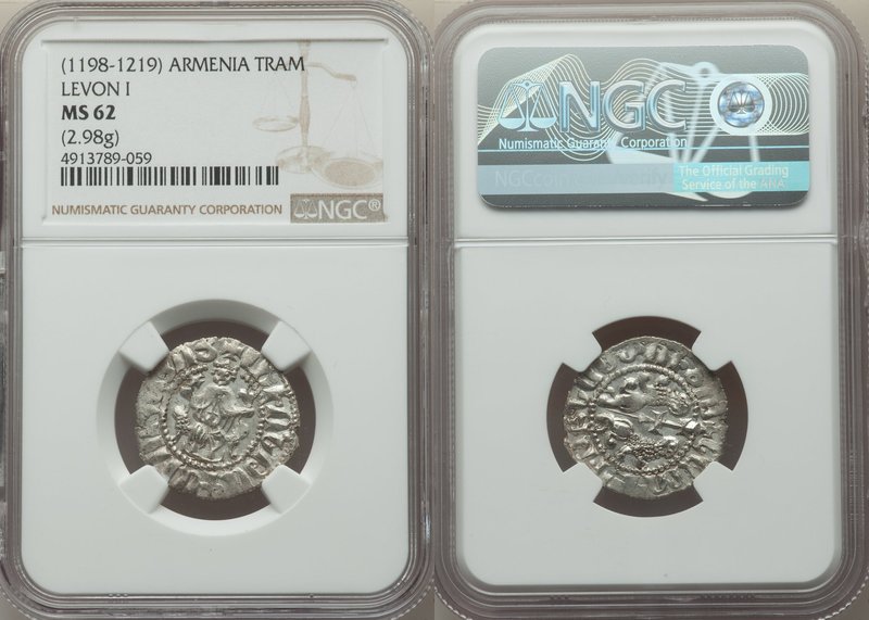 Cilician Armenia. Levon I Tram ND (1198-1219) MS62 NGC, 22mm. 2.98gm. Levon seat...