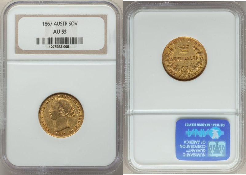 Victoria gold Sovereign 1867-SYDNEY AU53 NGC, Sydney mint, KM4, Fr-10. AGW 0.235...