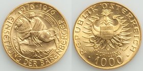 Republic gold 1000 Schilling 1976 UNC, KM-2933.26.7mm. 13.50gm. Issued for the 1,000th anniversary of the Babenberg Dynasty. AGW 0.3906 oz. 

HID09801...