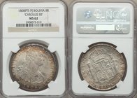 Charles IV 8 Reales 1808 PTS-PJ MS62 NGC, Potosi mint, KM73. Lustrous surfaces with rainbow toning. 

HID09801242017