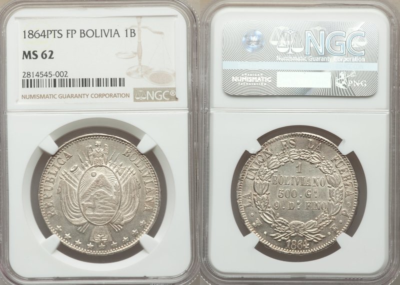 Republic Boliviano 1864 PTS-FP MS62 NGC, Potosi mint, KM152.1. Scarce in mint st...