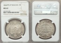 Republic Boliviano 1864 PTS-FP MS62 NGC, Potosi mint, KM152.1. Scarce in mint state. 

HID09801242017