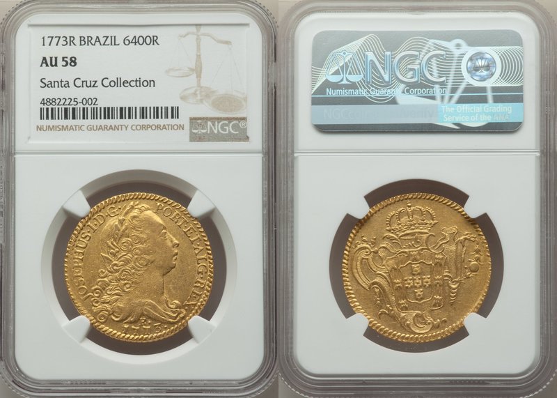 Jose I gold 6400 Reis 1773-R AU58 NGC, Rio de Janeiro mint, KM172.2. Ex. Santa C...