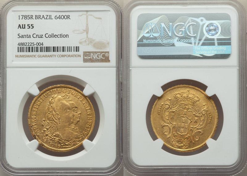 Maria I & Pedro III gold 6400 Reis 1785-R AU55 NGC, Rio de Janeiro mint, KM199.2...