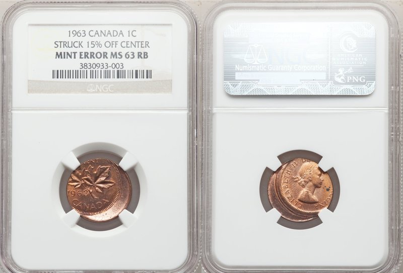 Elizabeth II Mint Error - Struck Off Center Cent 1963 MS63 Red and Brown NGC, Ro...