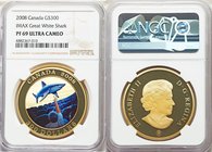 Elizabeth II gold Proof 300 Dollars 2008 PR69 Ultra Cameo NGC, KM827. Issued under subject of Canadian achievements IMAX Great white shark. AGW 0.8435...