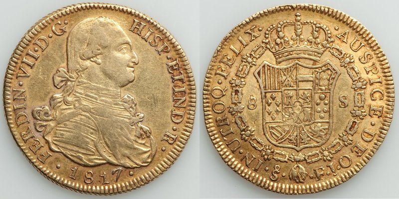 Ferdinand VII gold 8 Escudos 1817 So-FJ XF, Santiago mint, KM78. 38.2mm. 26.95gm...