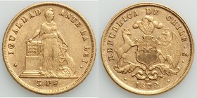 Republic gold 5 Pesos 1872-So VF, Santiago mint, KM144. 22.4mm. 7.58gm. AGW 0.2207gm. 

HID09801242017