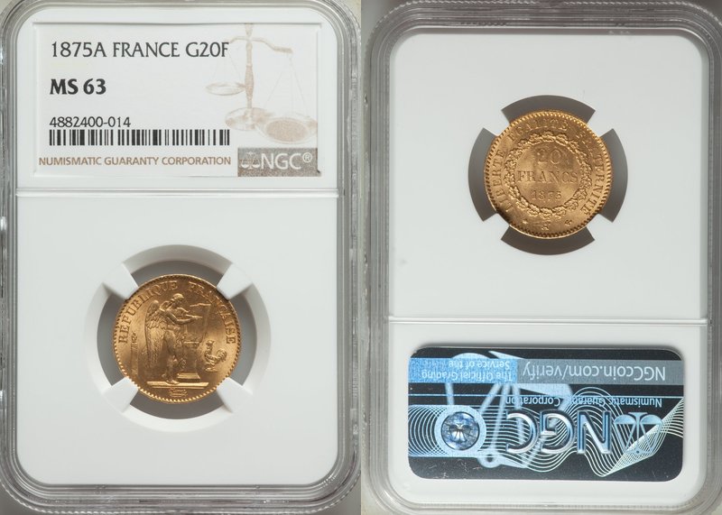 Republic gold 20 Francs 1875-A MS63 NGC, Paris mint, KM825. Always a popular des...