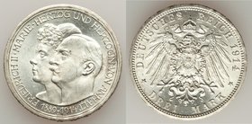 Anhalt-Dessau. Friedrich II Pair of Uncertified 3 Marks 1914-A, 1) 3 Mark 1914-A - UNC, Berlin mint, KM30. 32.8mm. 16.67gm 2) 3 Mark 1914-A - XF, Berl...
