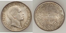 Baden. Friedrich I 1/2 Gulden 1865 UNC, KM243. Subdued luster partially hidden with light shades of peach, turquoise and amber toning. 

HID0980124201...