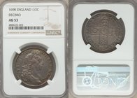 William III 1/2 Crown 1698 AU53 NGC, KM492.2, S-3494. First bust DECIMO edge. Cabinet toning in shades of lavender gray with neon blue highlights. 

H...