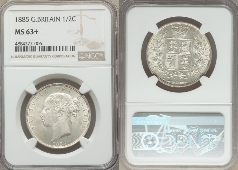 Victoria 1/2 Crown 1885 MS63+ NGC, KM756, S-3889. Beautiful young head of Victor...