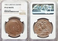 Edward VII Matte Proof Crown 1902 PR62 NGC, KM803, S-3979. Mintage: 15,000. Rose-gold and ice-blue toning with contrasting argent recessed accents. 

...