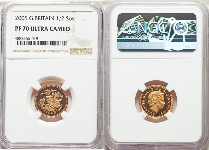 Elizabeth II gold Proof 1/2 Sovereign 2005 PR70 Ultra Cameo NGC, KM1064. Mintage...