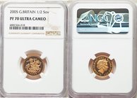 Elizabeth II gold Proof 1/2 Sovereign 2005 PR70 Ultra Cameo NGC, KM1064. Mintage: 5,011. AGW 0.1177 oz. 

HID09801242017