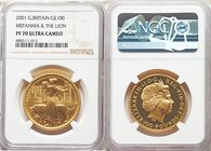 Elizabeth II gold Proof "Britannia and the Lion" 100 Pounds 2001 PR70 Ultra Cameo NGC, KM1023. Mintage: 1,000. AGW 1.0035 oz. 

HID09801242017