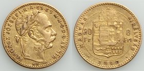 Franz Joseph I gold 8 Forint 1890-KB VF, Kremnitz mint, KM467. Also valued at 20 Francs. 21.1mm. 6.43gm. AGW 0.1867 oz.

HID09801242017