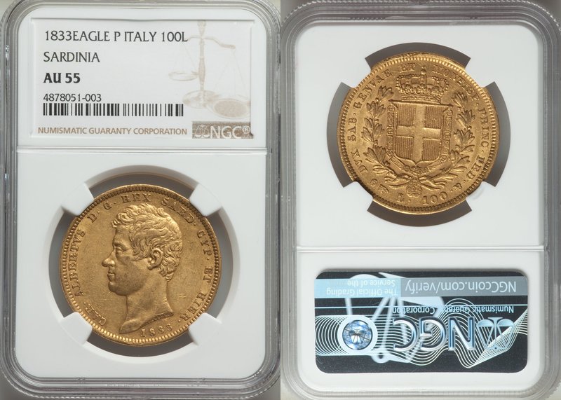 Sardinia. Carlo Alberto gold 100 Lire 1833-(Eagle)-P AU55 NGC, Turin mint, KM133...