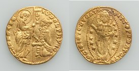 Venice. Giovanni Dolfin gold Ducat ND (1356-1361) VF, Fr-1224. 19.4mm. 3.48gm. IO • DOLPhYNO | • S | • M | • V | Є | N | Є | T | I, Doge kneeling left...