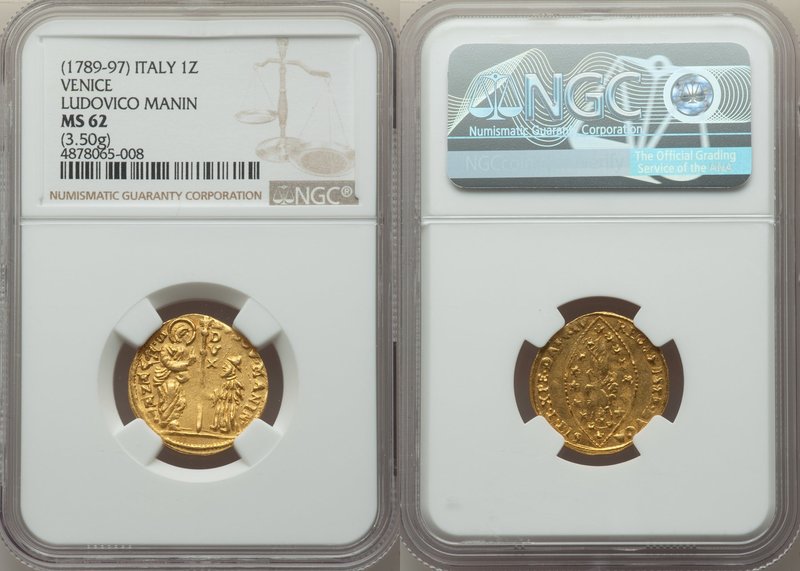 Venice. Ludovico Manin gold Zecchino ND (1789-1797) MS62 NGC, KM755, Fr-1444. 21...